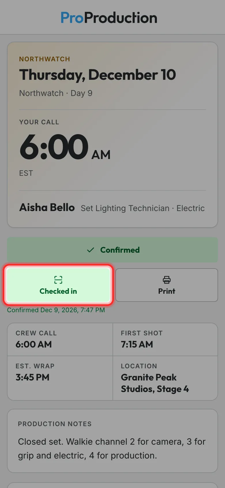 A personal call sheet on a phone, checked in