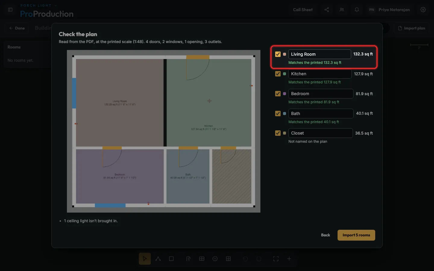 Check the plan, with the rooms and their printed areas outlined