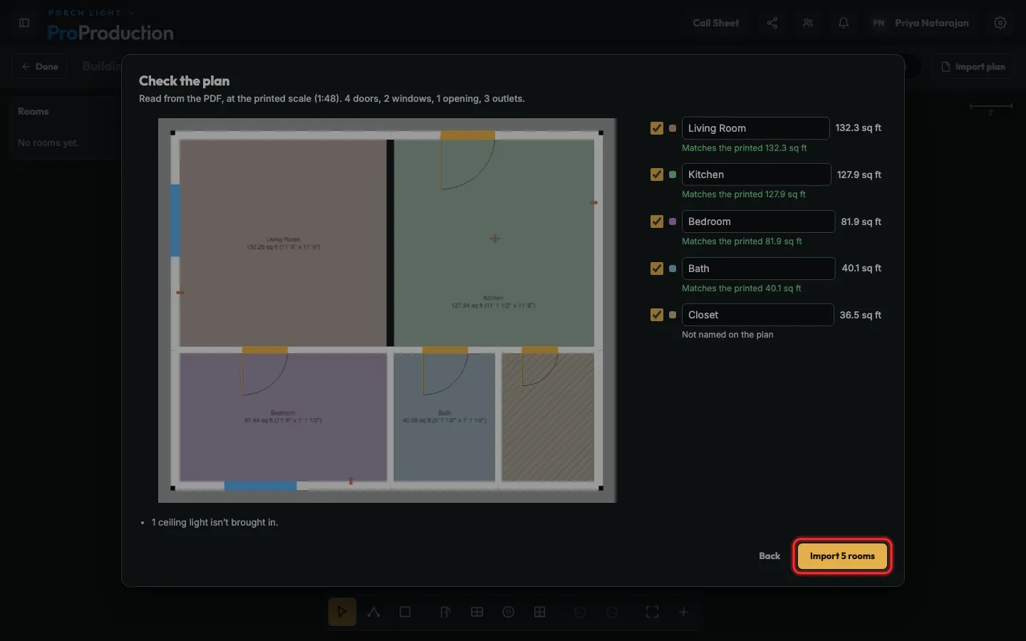 Check the plan with Import 5 rooms outlined