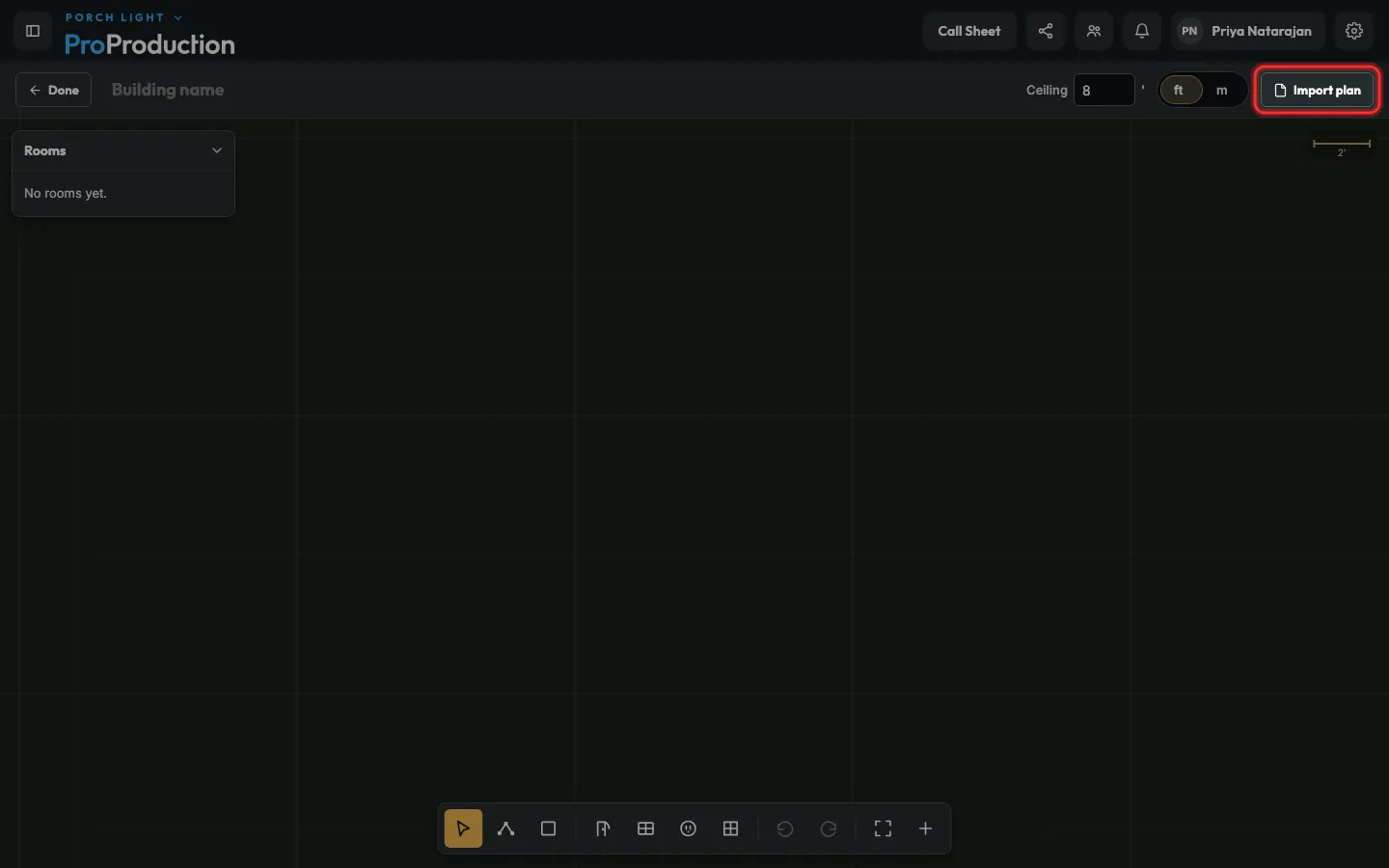 The building editor with Import plan outlined