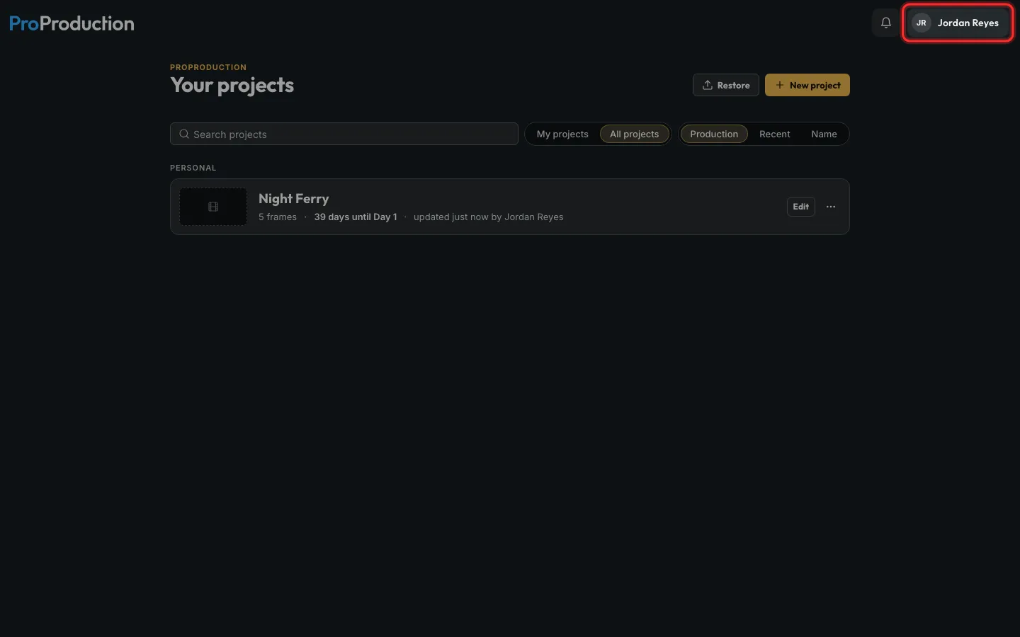 Your projects with the account button outlined