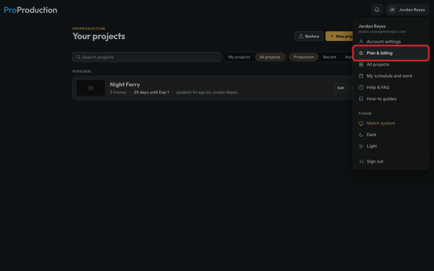 The account menu with Plan & billing outlined