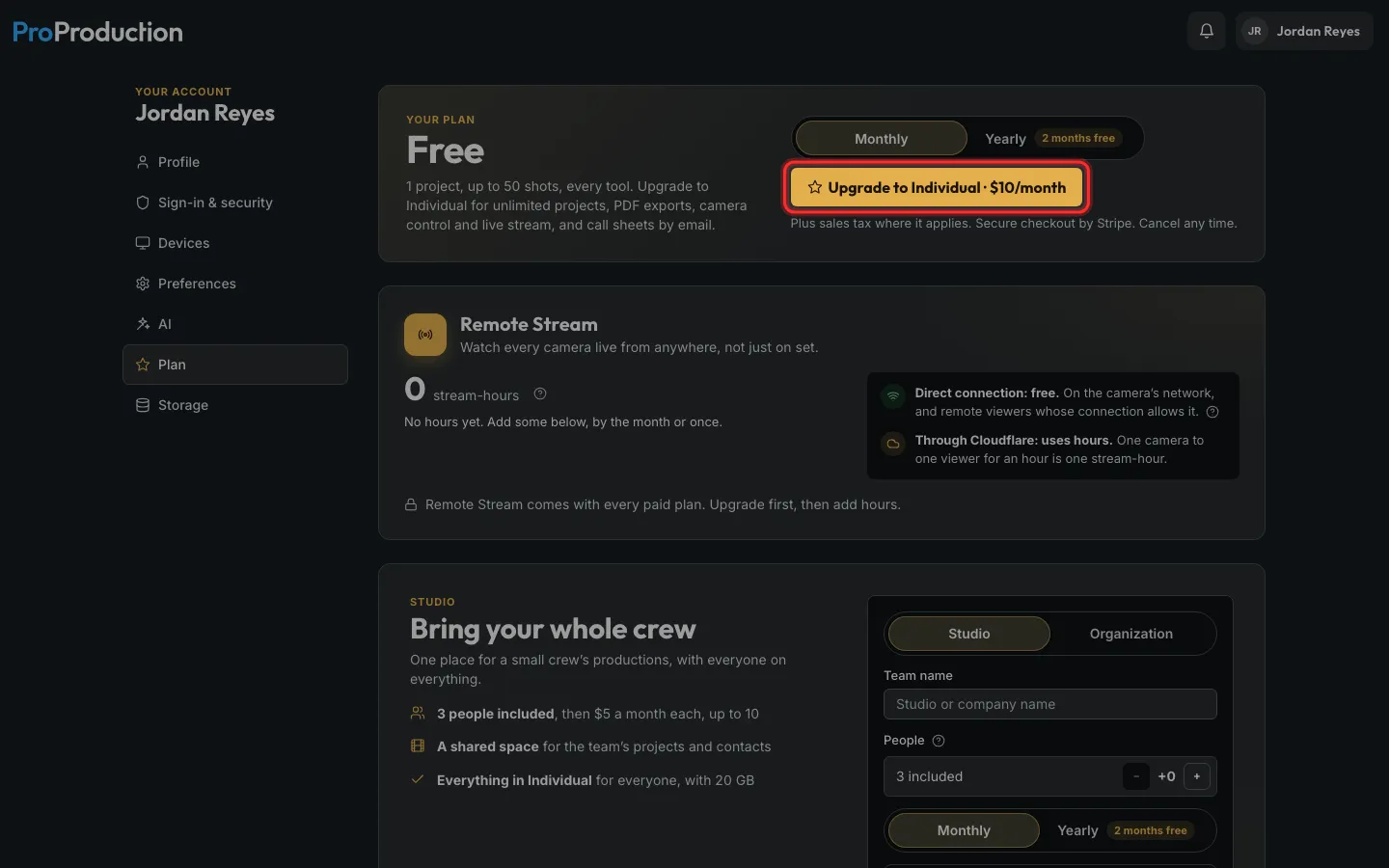 The Plan page on Free with Upgrade to Individual outlined