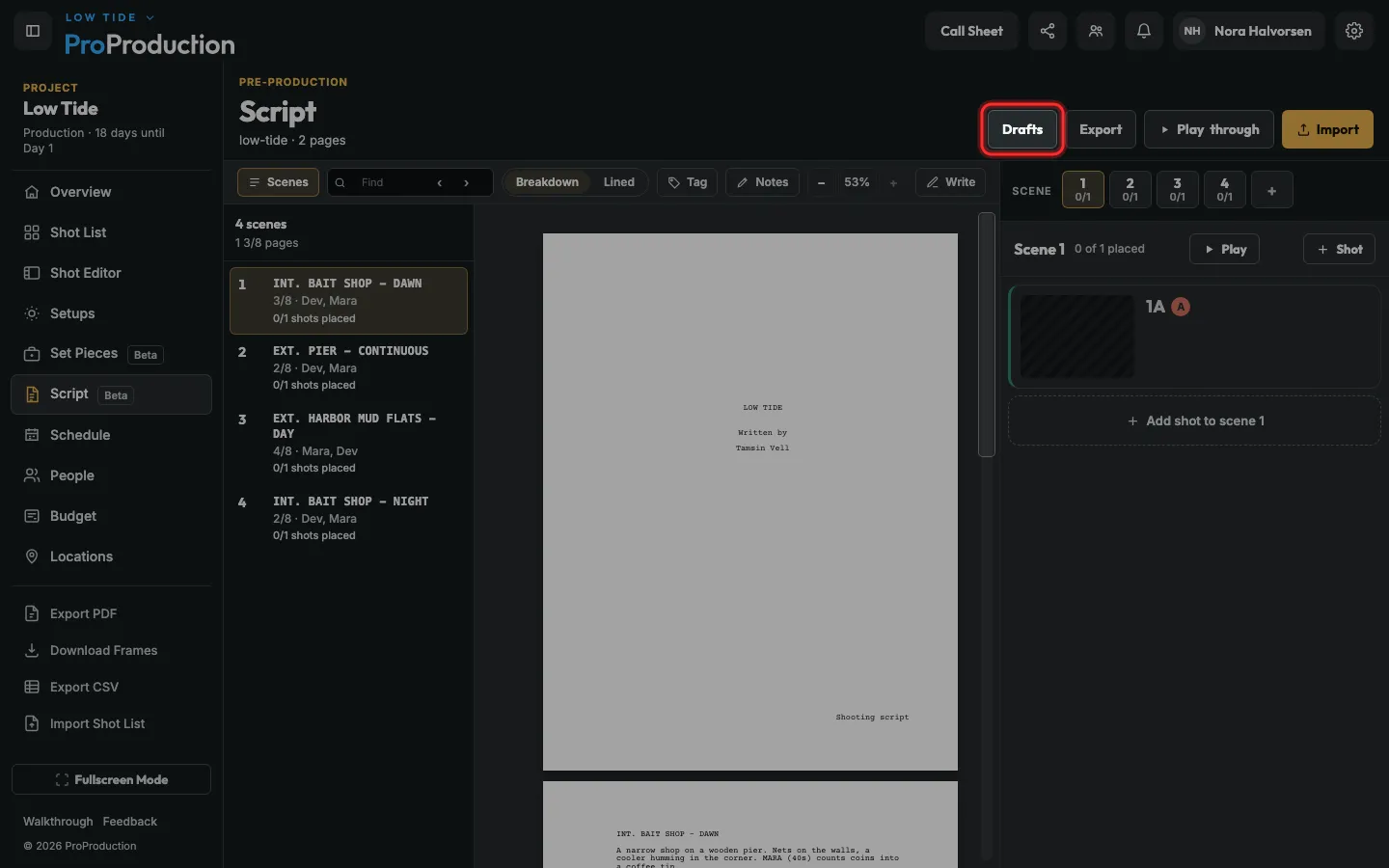 The Script page with Drafts outlined