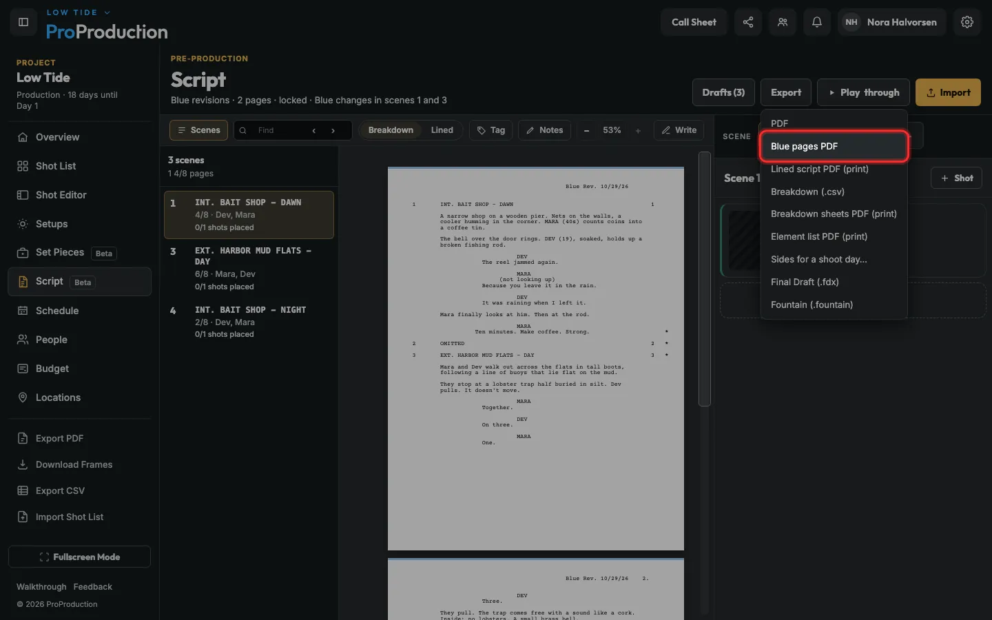 The Export menu with Blue pages PDF outlined