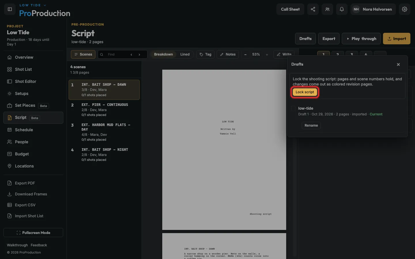 The Drafts panel with Lock script outlined
