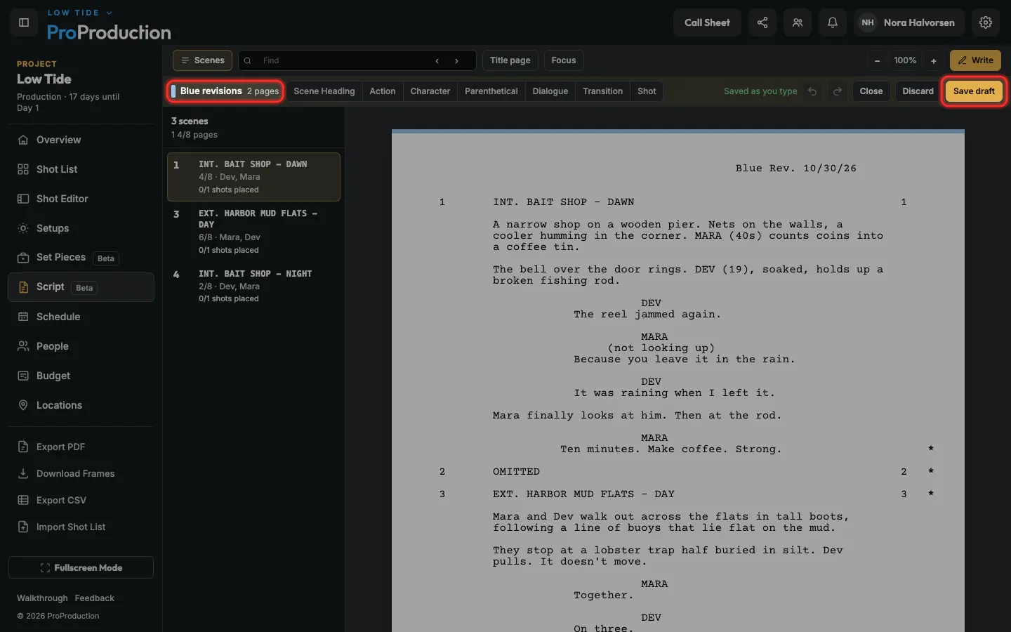 The writing bar with Blue revisions and Save draft outlined