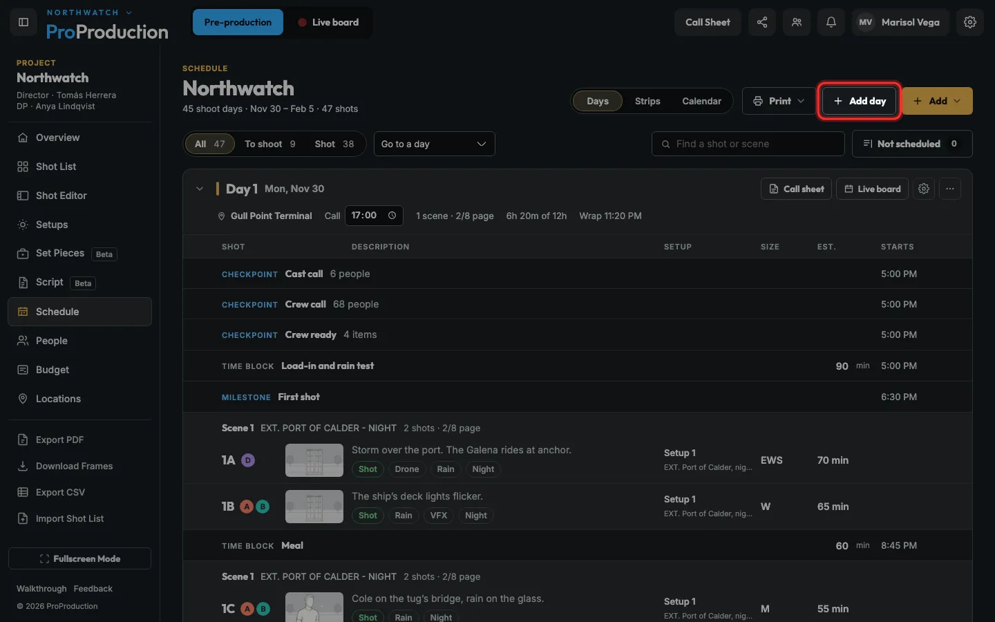 The Schedule page with Add day outlined