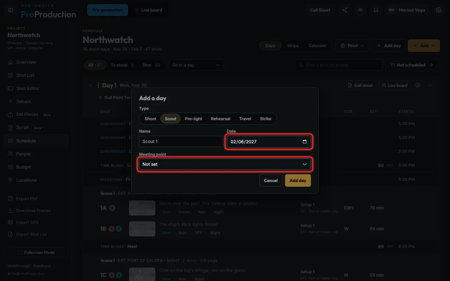 The Add a day dialog with the date and place outlined