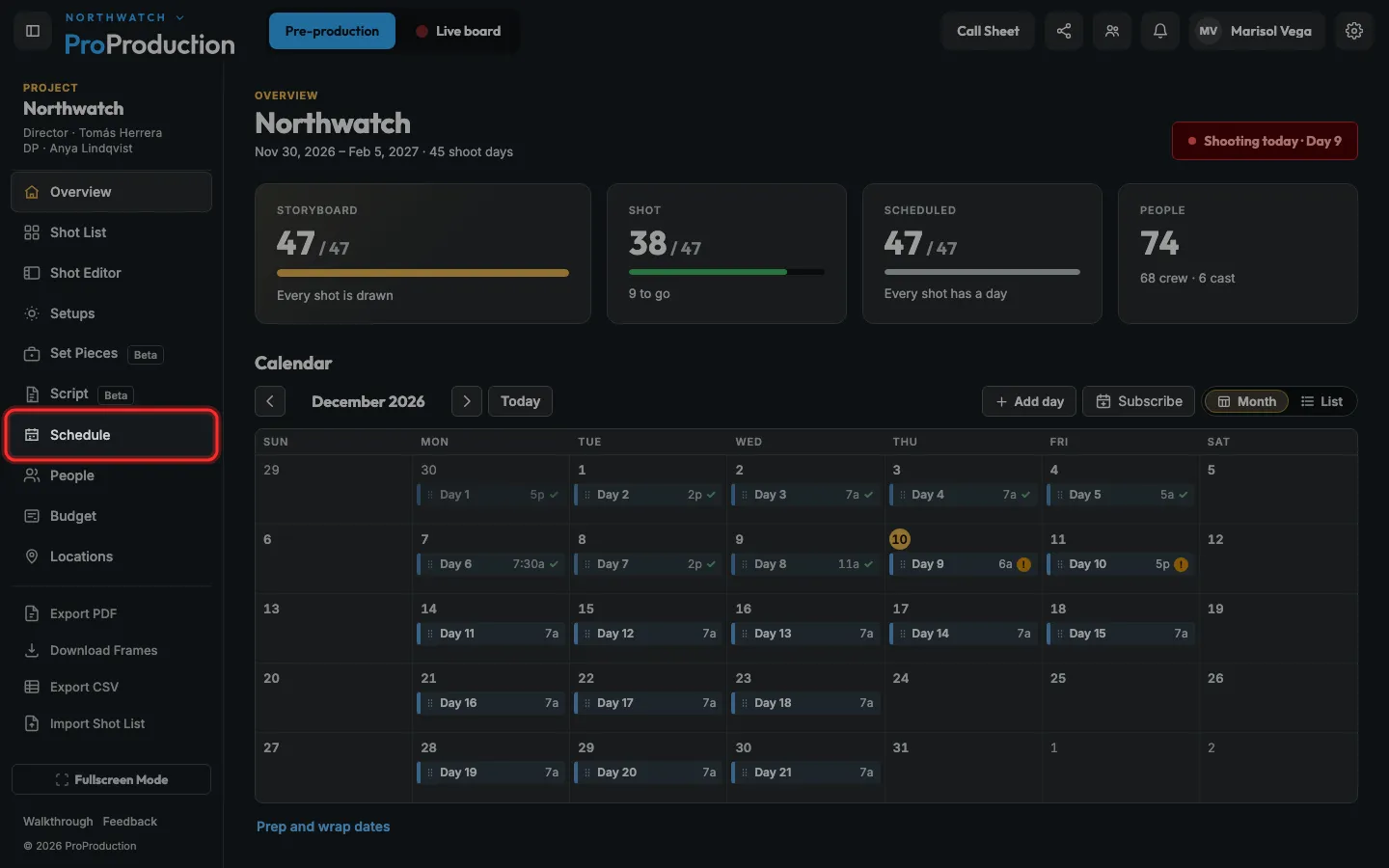A project overview with Schedule outlined in the side bar