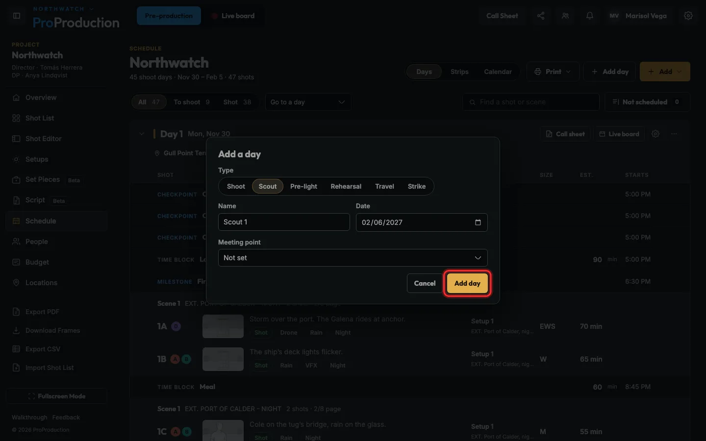 The Add a day dialog with the Add day button outlined