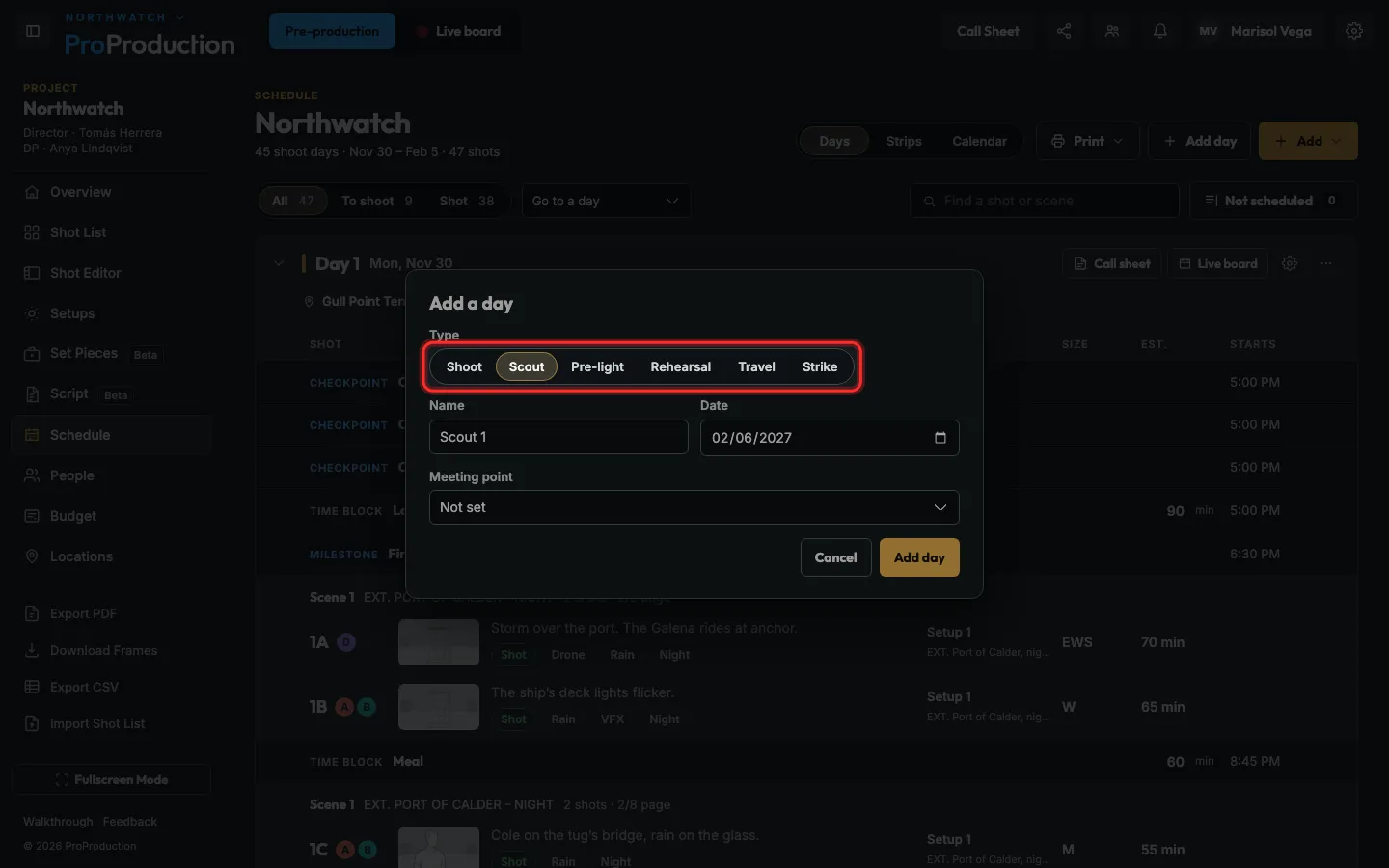 The Add a day dialog with the day types outlined and Scout picked
