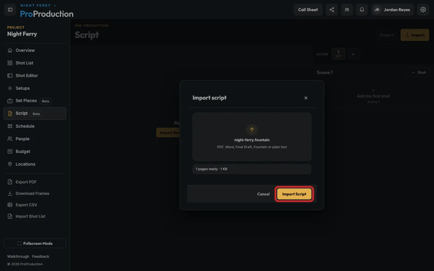 The Import script dialog with a file picked and Import Script outlined