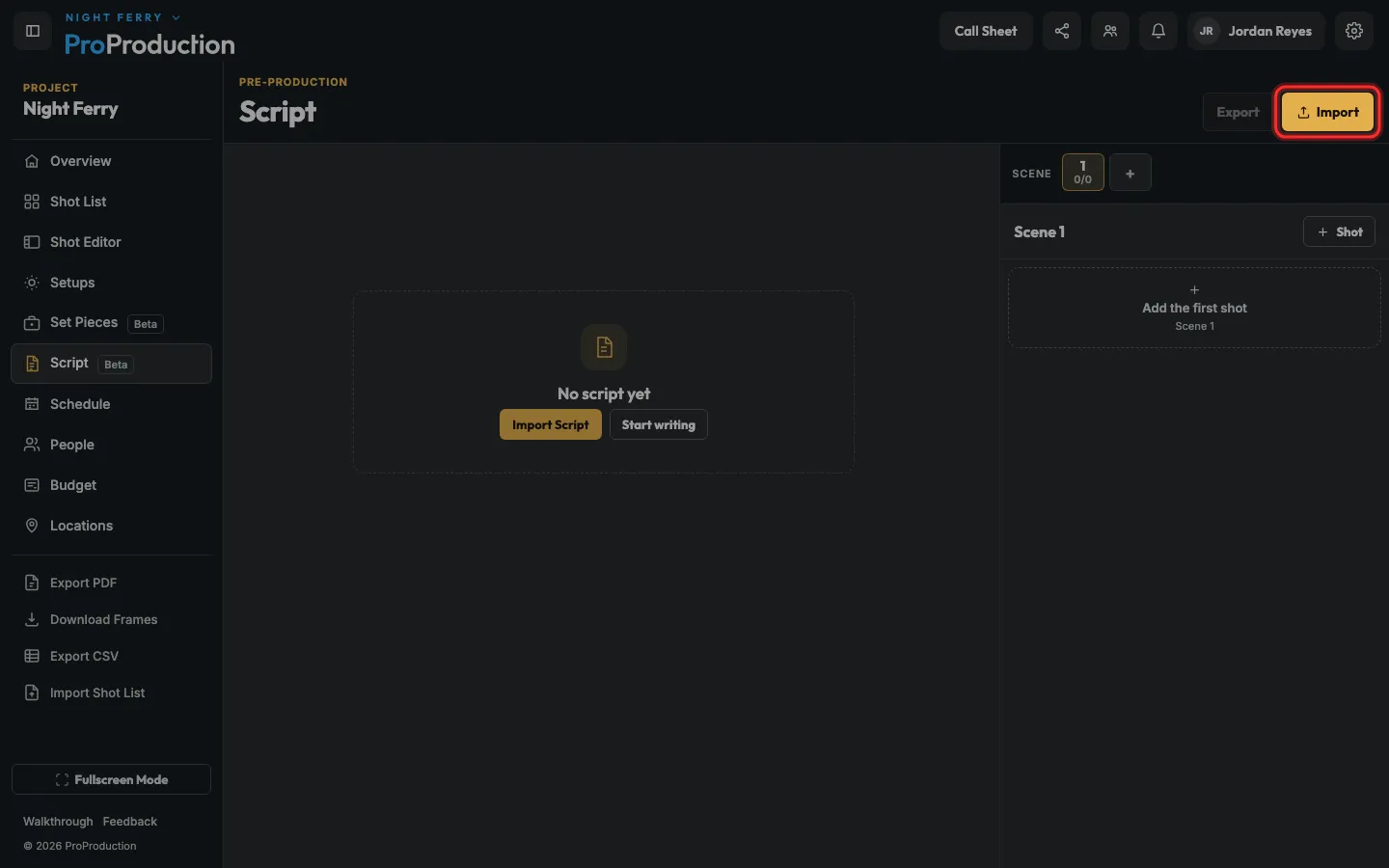 The empty Script page with Import outlined
