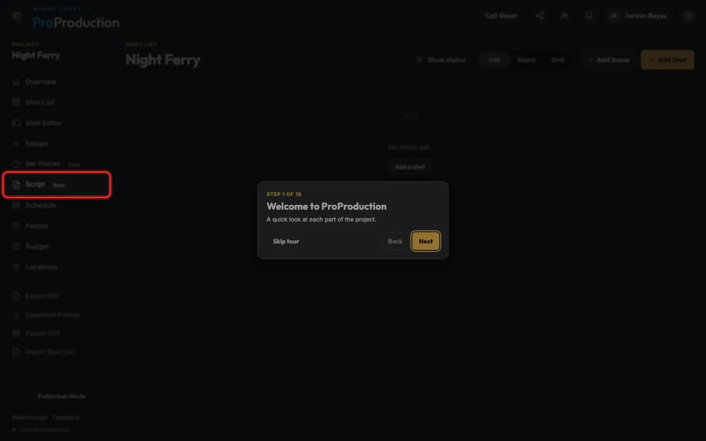 A new project with Script outlined in the side bar