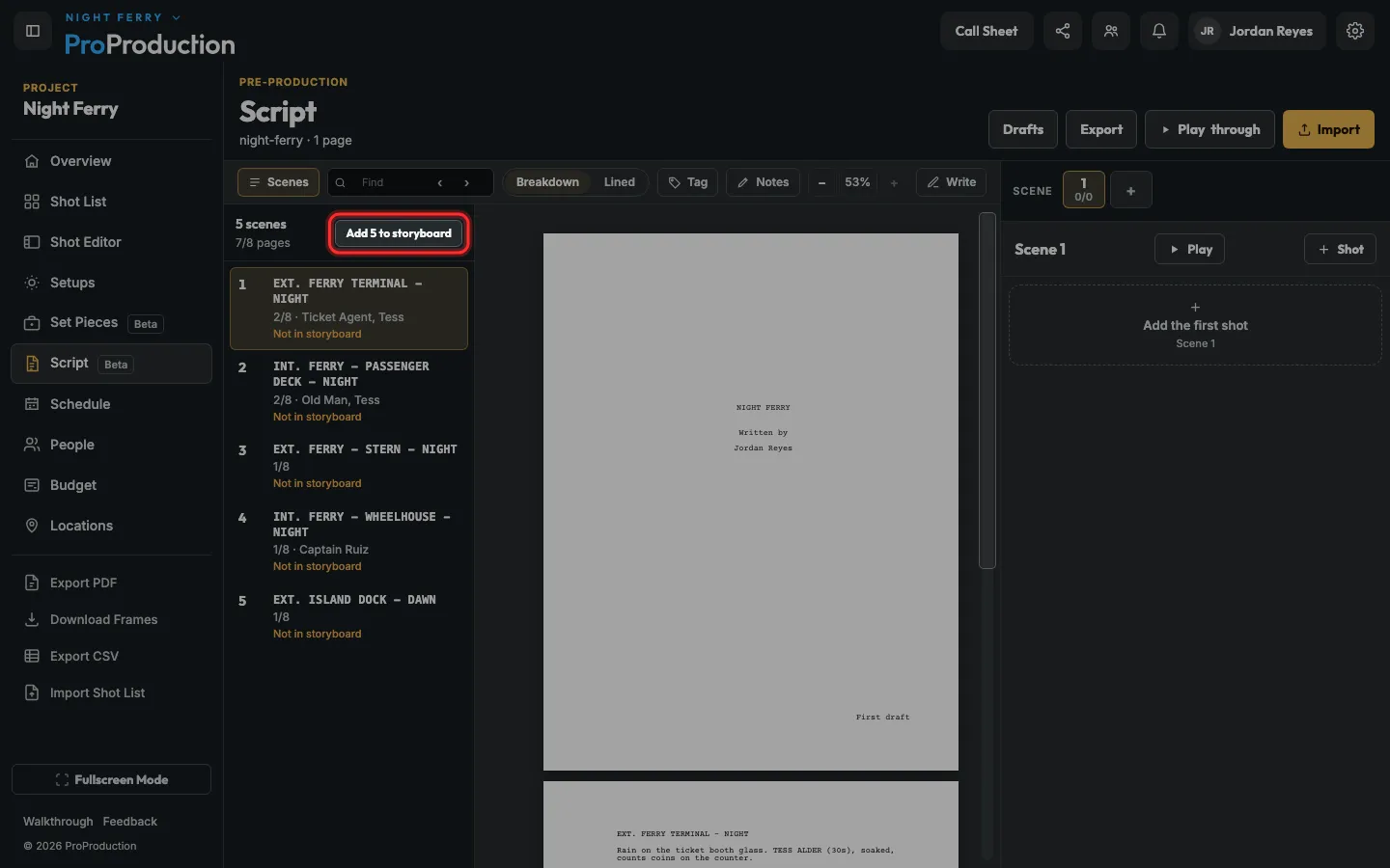 The imported script with its scene list and Add 5 to storyboard outlined