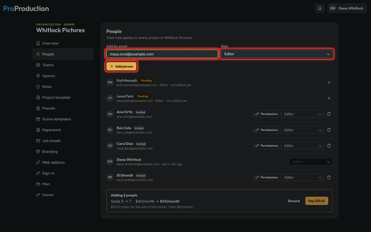 The Add by email field, role and Add person outlined