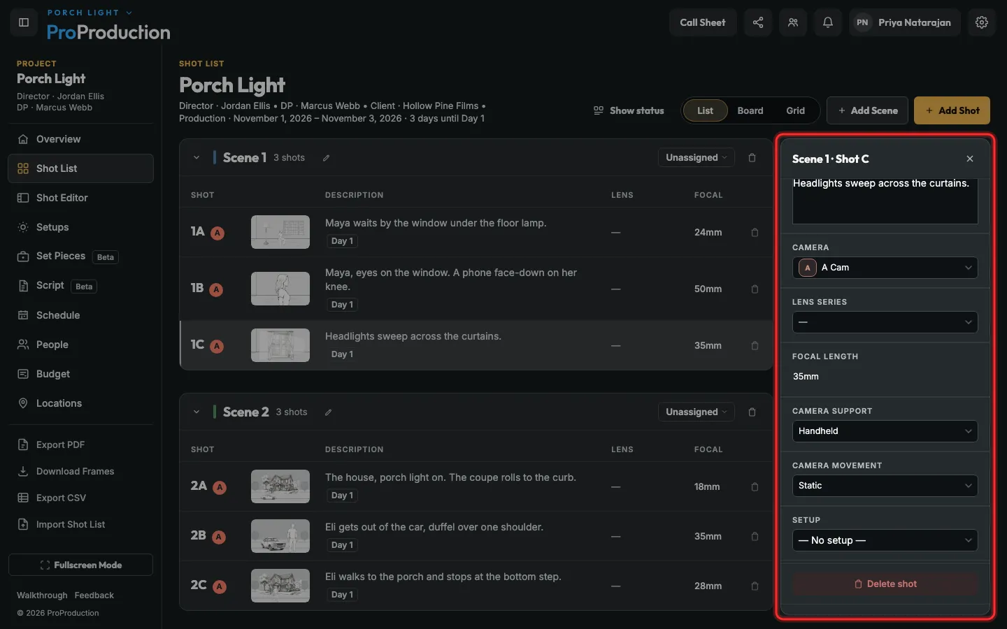 A shot’s details panel open beside the list, outlined