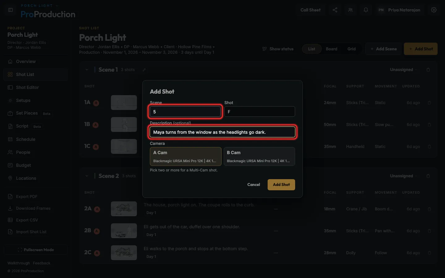 The Add Shot dialog with the scene and description outlined