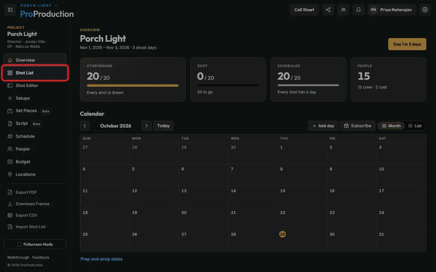 A project overview with Shot List outlined in the side bar