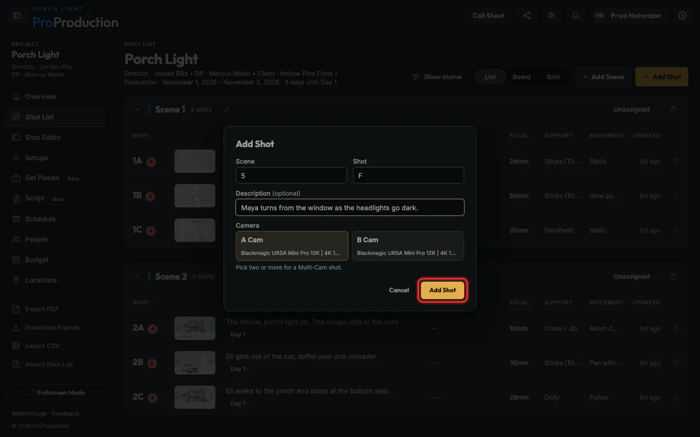 The Add Shot dialog with its Add Shot button outlined