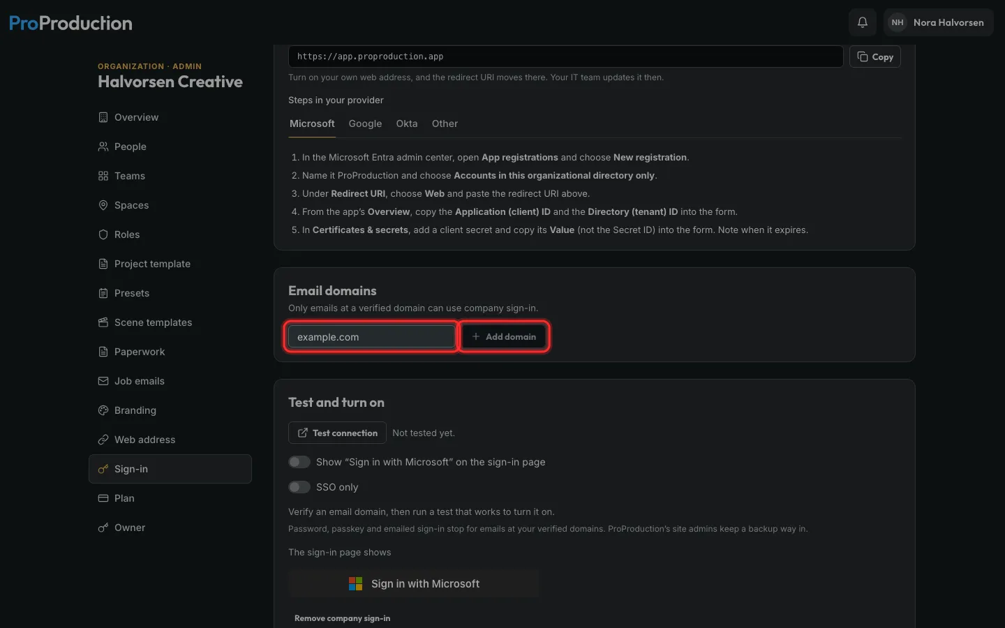 The email domain field and Add domain outlined