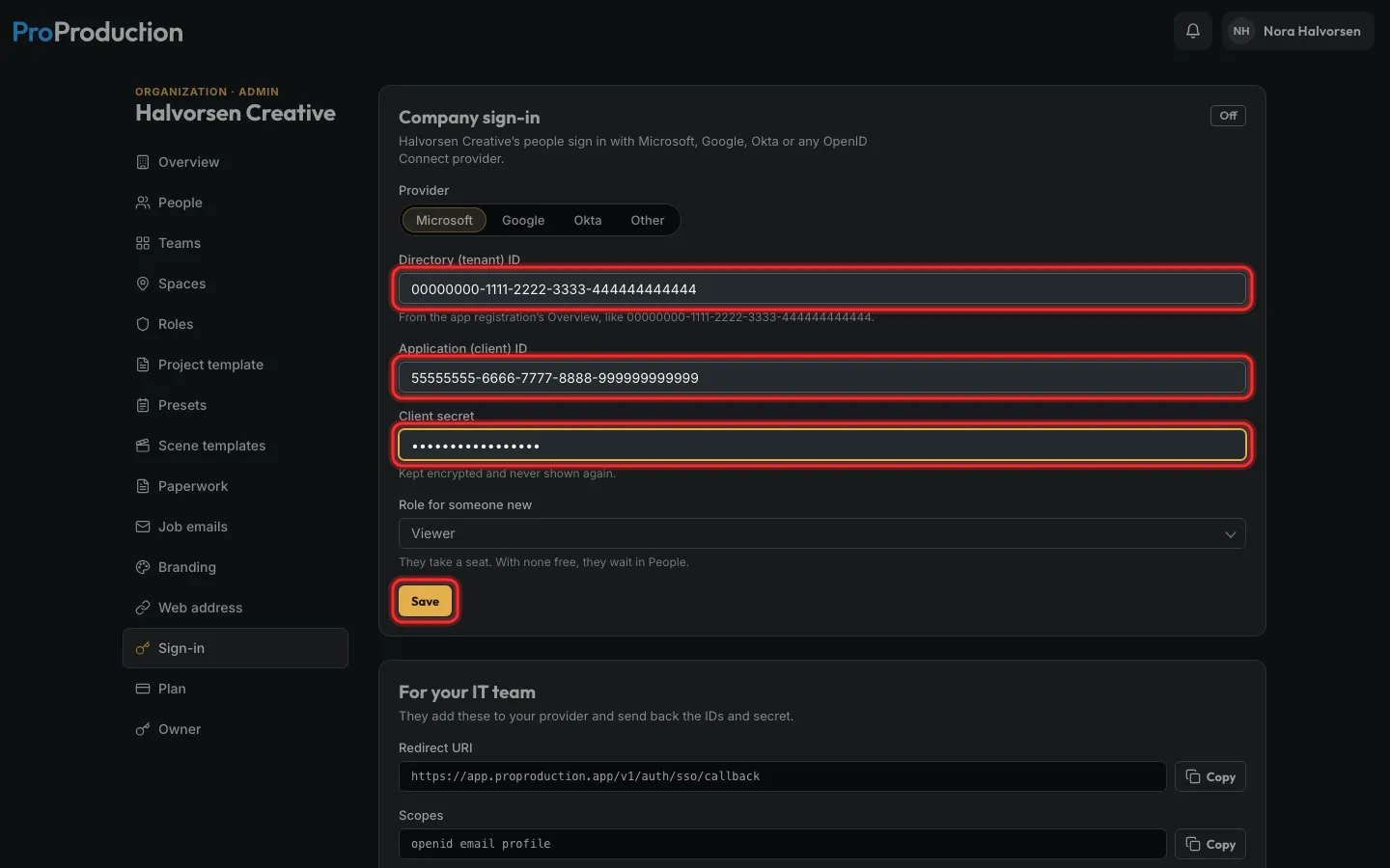 The ID and secret fields with Save outlined