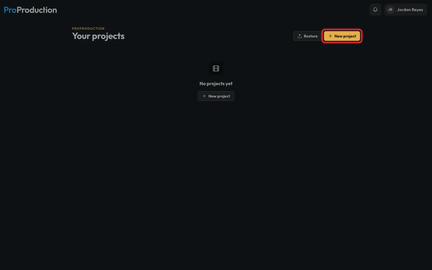 An empty Your projects page with New project outlined