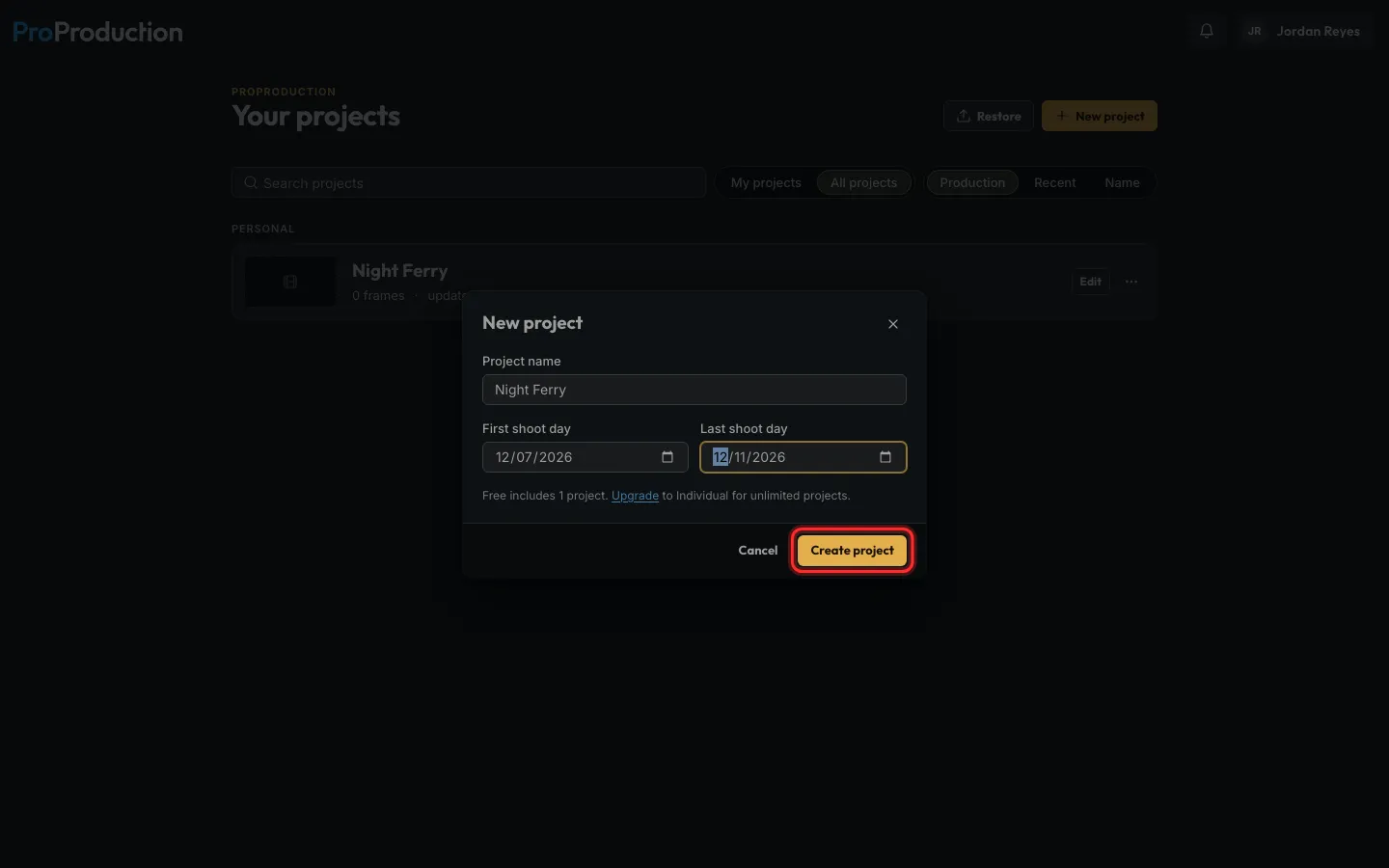The New project dialog filled in, with Create project outlined