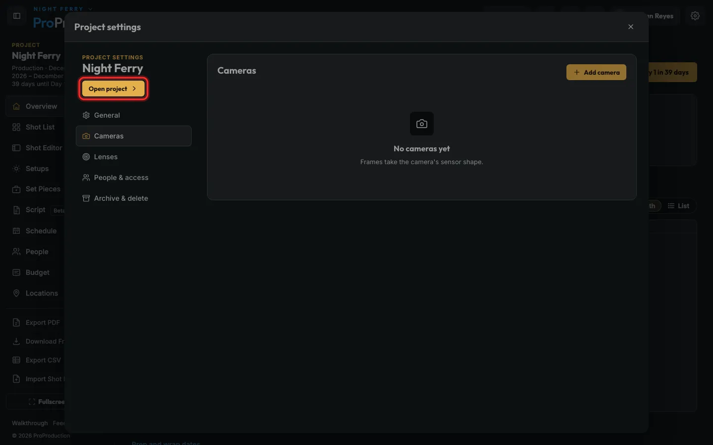Project settings with Open project outlined