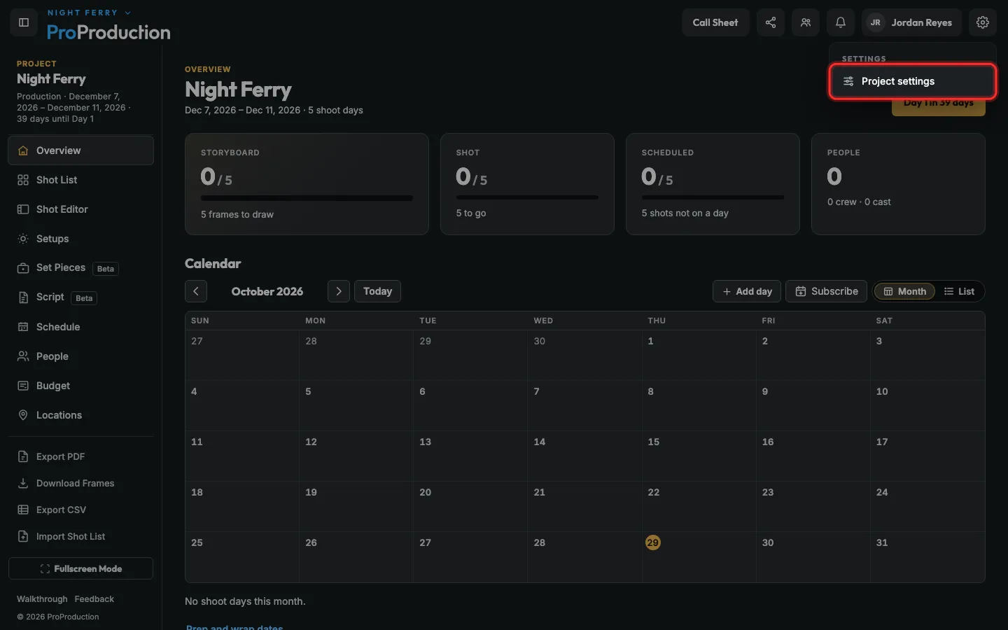The settings menu with Project settings outlined