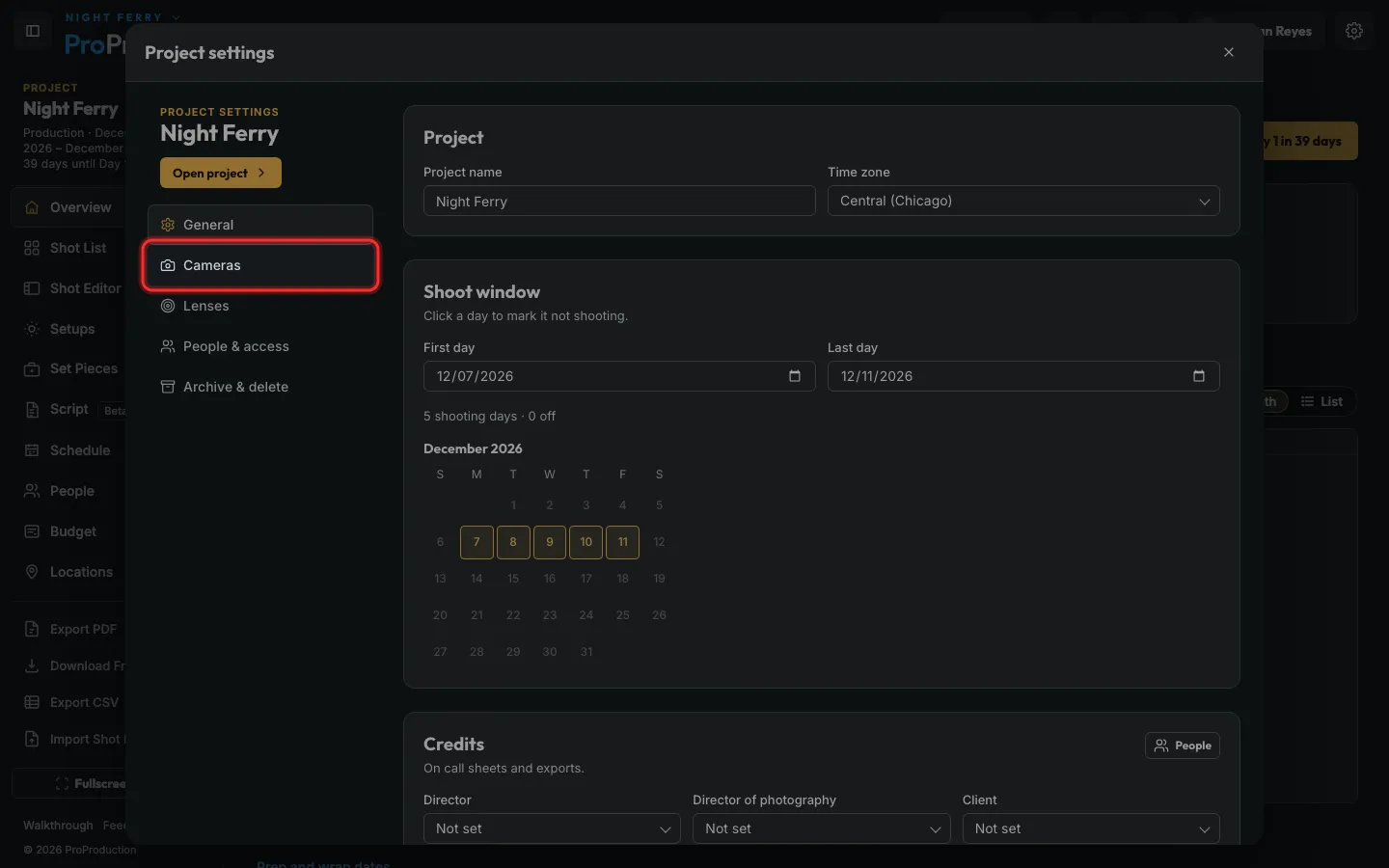 Project settings with Cameras outlined
