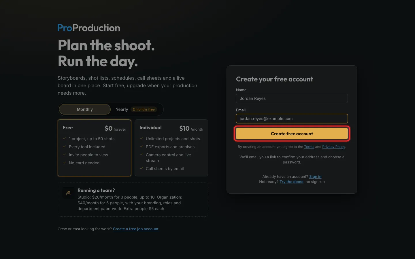 The sign-up form filled in, with Create free account outlined