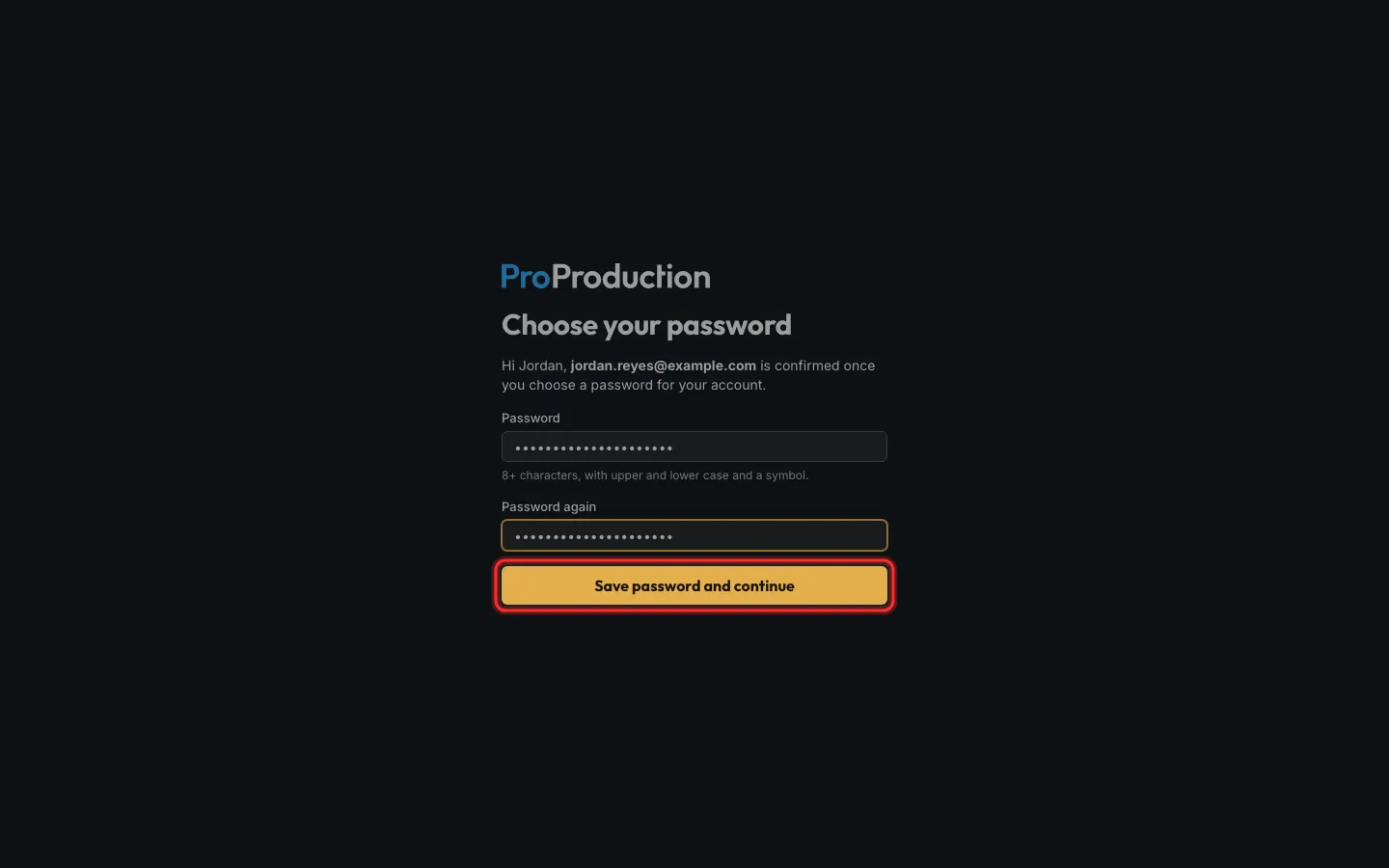 The Choose your password page with the save button outlined