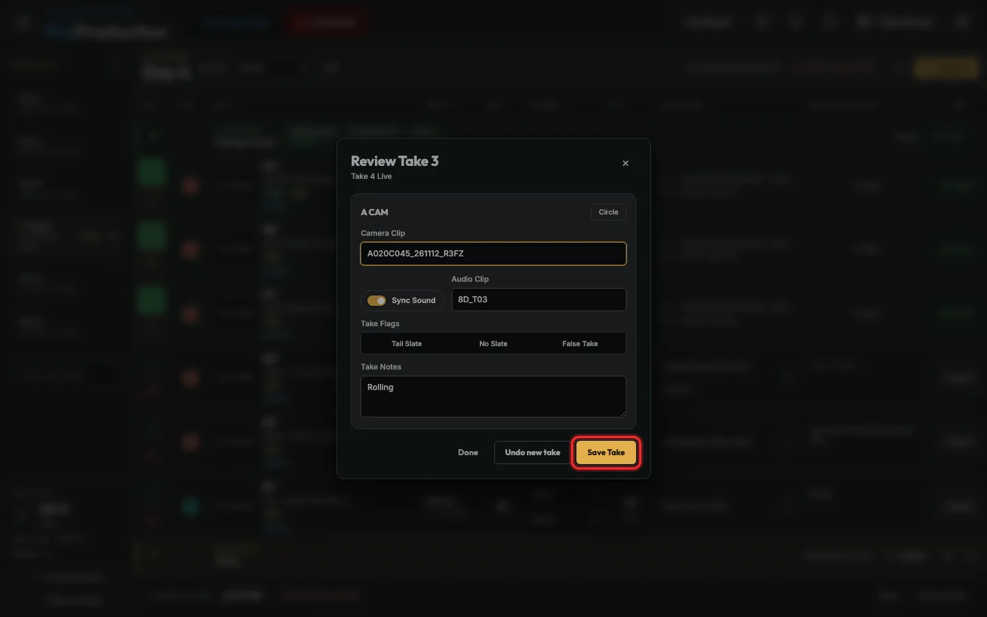 The Review Take dialog with Save Take outlined