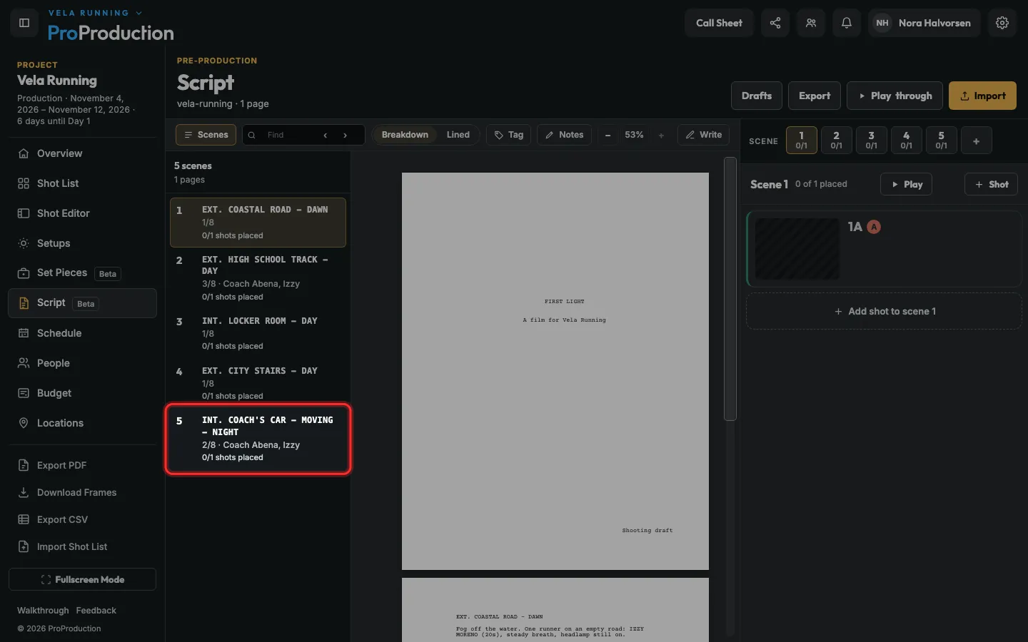 The scene list with a car scene outlined