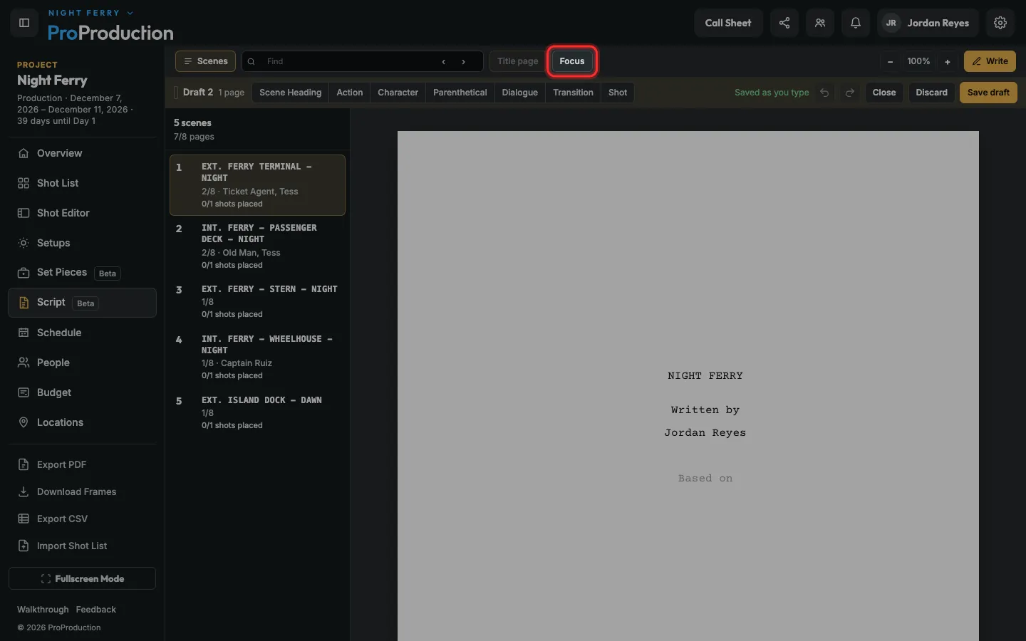 The writing bar with Focus outlined