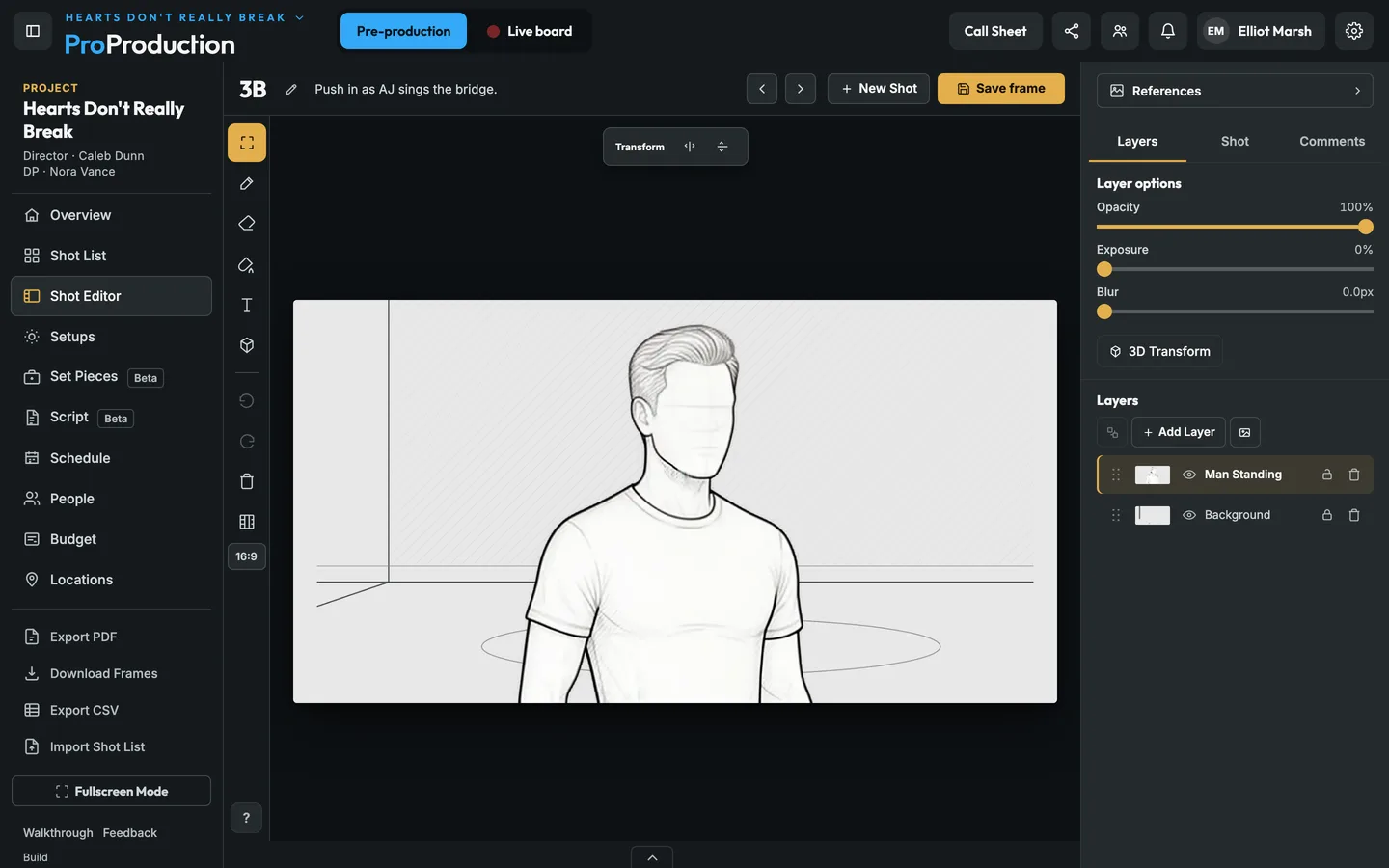 The Shot Editor with a storyboard frame for Hearts Don’t Really Break, shot 3B, built from library references.