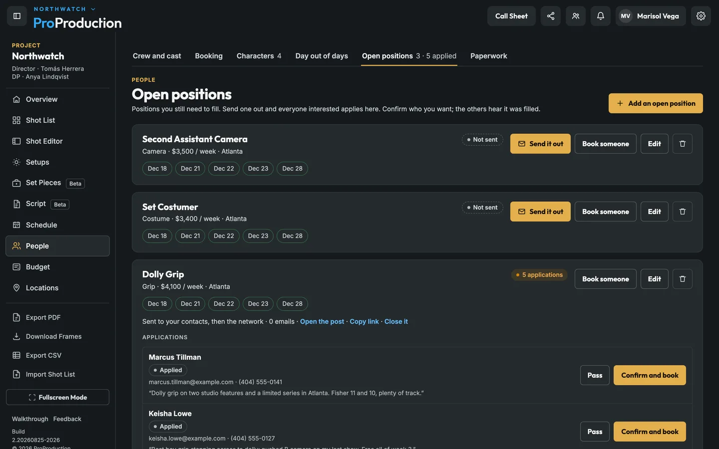 Northwatch’s open positions: a Second Assistant Camera and a Set Costumer not sent yet, and a Dolly Grip posted with five applications, each with Pass and Confirm and book.