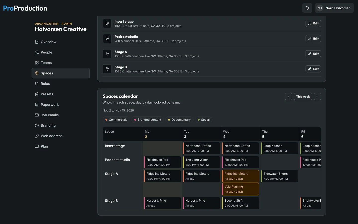 Halvorsen Creative’s Spaces: its stages and rooms with their addresses, and the Spaces calendar, each booking colored by team, with Ridgeline Motors and Vela Running both on Stage A on Wednesday.