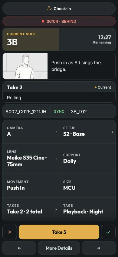 The current shot on a phone: 3B rolling on take 2, with its camera, setup, lens and support.