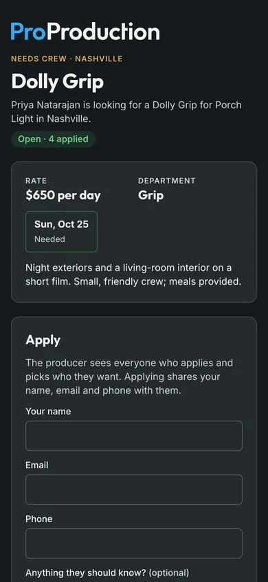 Porch Light’s Dolly Grip job on a phone: $650 per day in Nashville, the day it’s needed, and the form to apply.