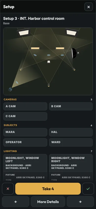 The same setup on a phone from the live board: the plan from above and each light with its fixture, purpose and support.