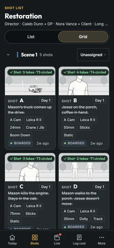 Restoration’s Shot List on a phone
