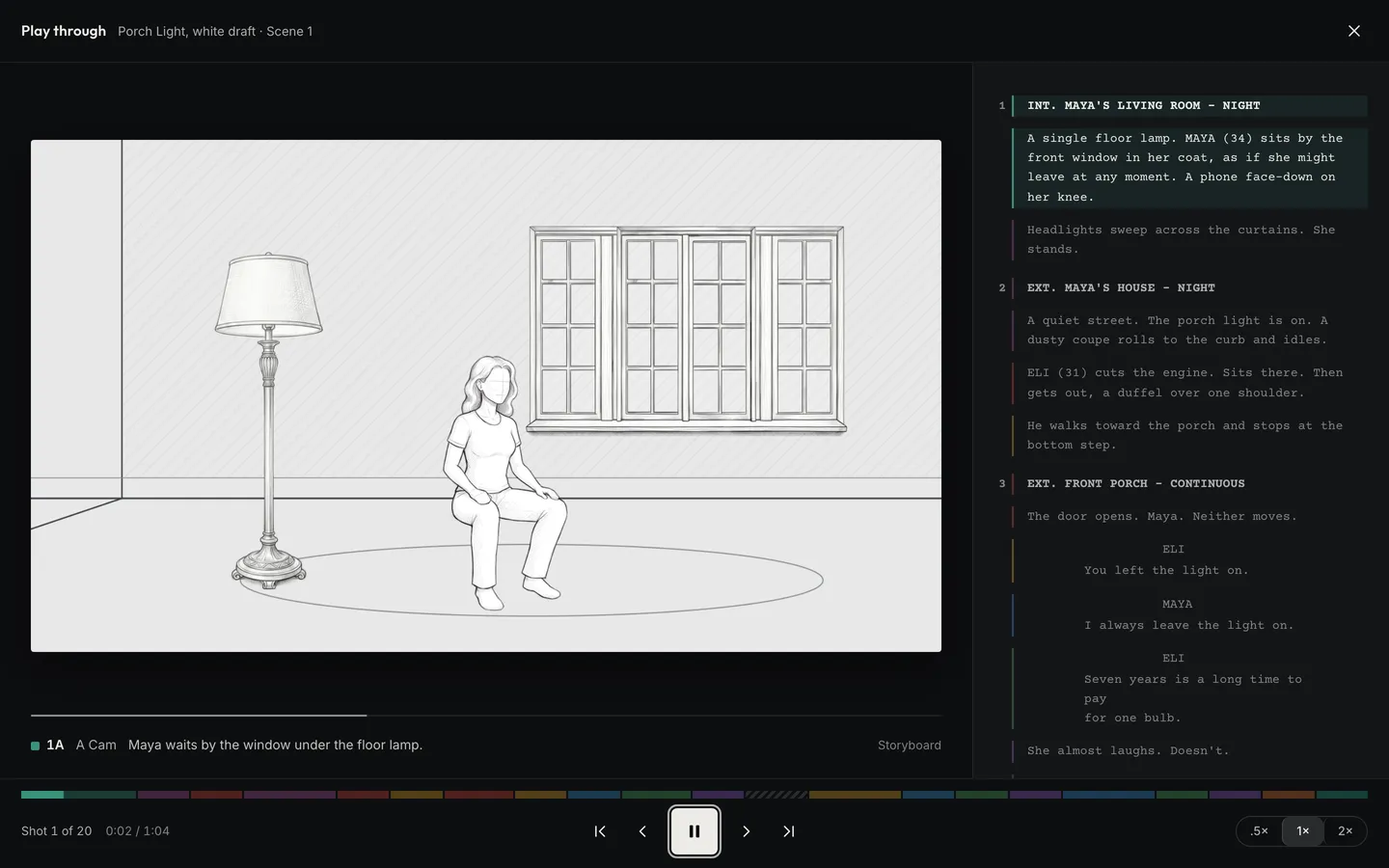 Play-Through of Porch Light’s first scene: shot 1A’s frame, Maya waiting by the window, beside the lines it covers.